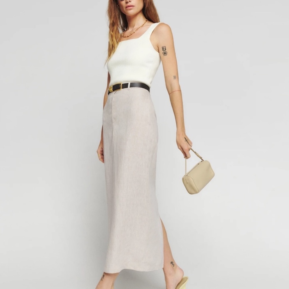 reformation gia midi linen straight skirt oatmeal, size 8